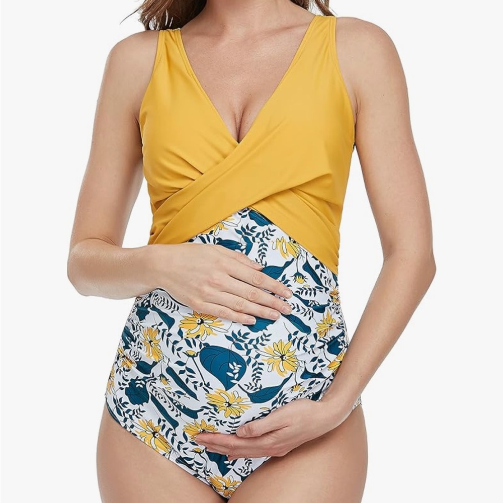 Yellow Floral Maternity One-Piece Swimsuit